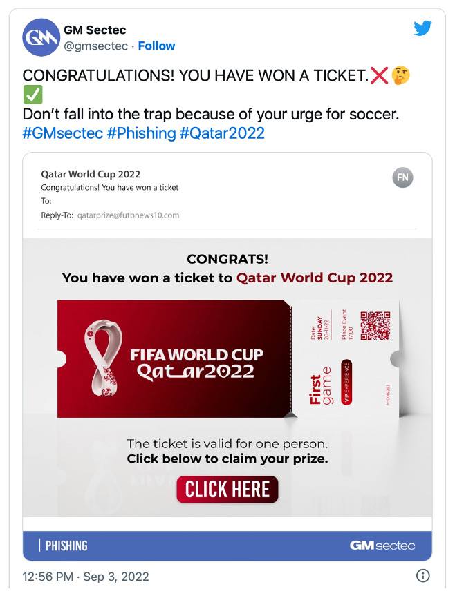 wiadomość phishingowa wykorzystująca motyw Mistrzostw Świata.