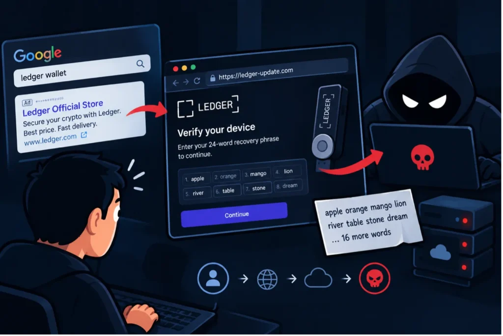 Fałszywe reklamy Google atakują użytkowników Ledgera. Cyberprzestępcy kradli frazy odzyskiwania portfeli