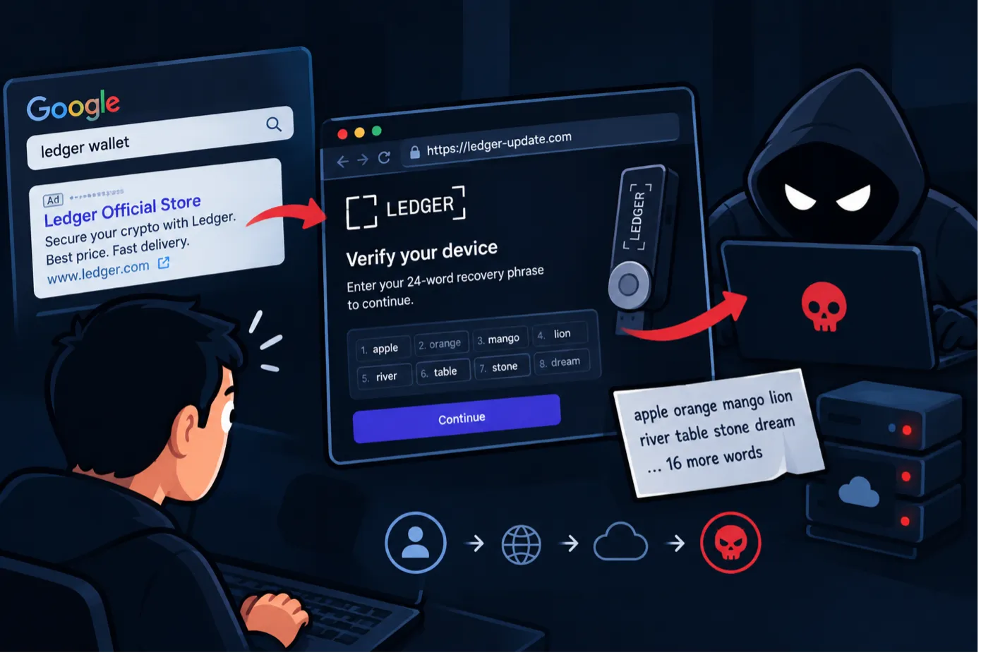 Fałszywe reklamy Google atakują użytkowników Ledgera. Cyberprzestępcy kradli frazy odzyskiwania portfeli